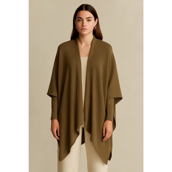 Olive Green Asymmetric Lagenlook Cape Cardigan Wrap Sweater Boho Minimalist XS - Picture 1 of 11